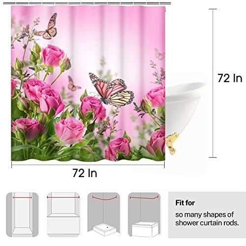 Cute Butterfly Floral Shower Curtain with Pink Rose Blossoms