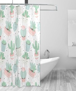 Cute Cacti Print Waterproof Fabric Shower Curtain for Bathroom Decoration