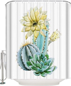 Cute Cactus Water Resistant Shower Curtain, Fun Bathroom Decor with Green and White Design