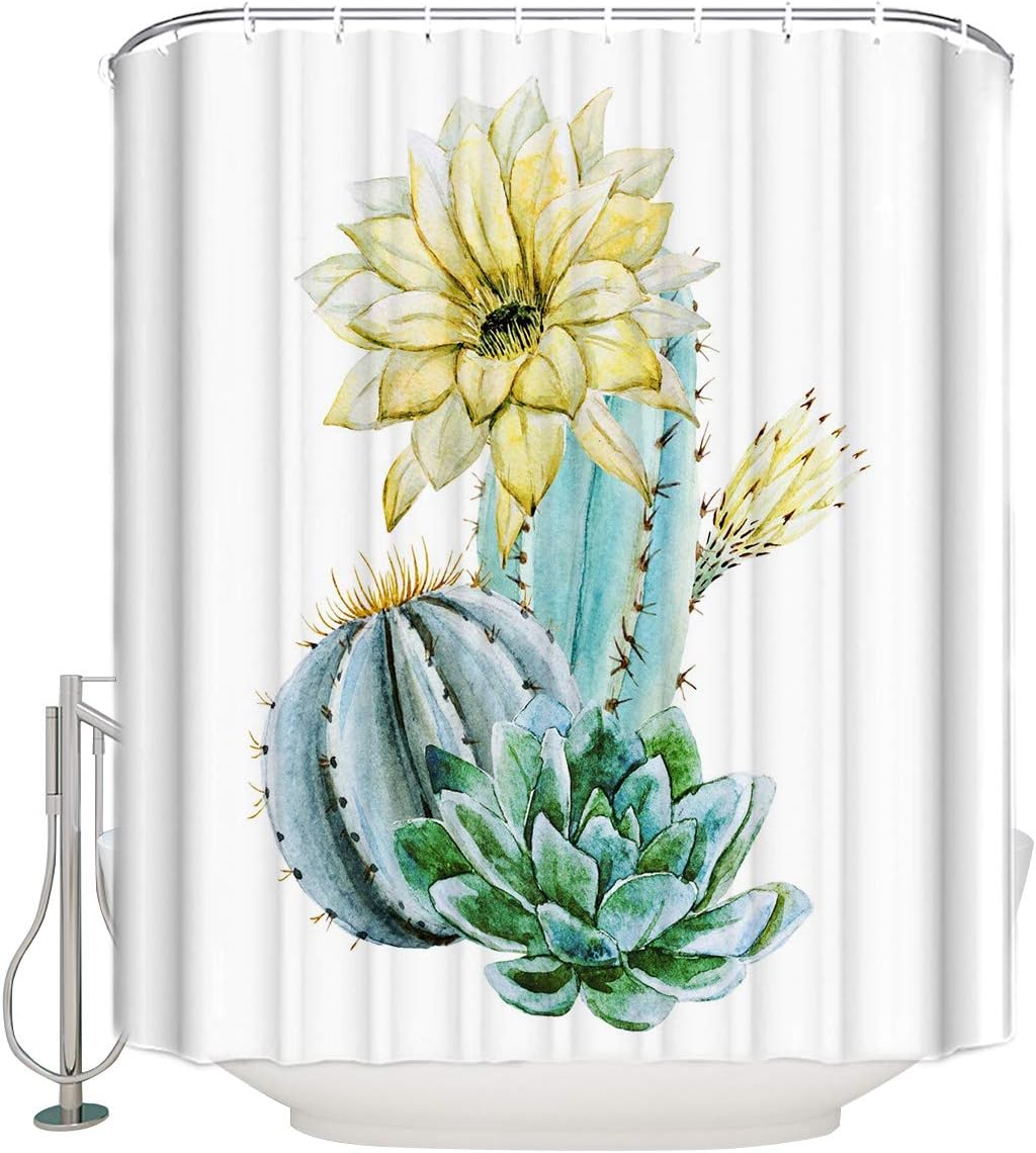 Cute Cactus Water Resistant Shower Curtain, Fun Bathroom Decor with Green and White Design