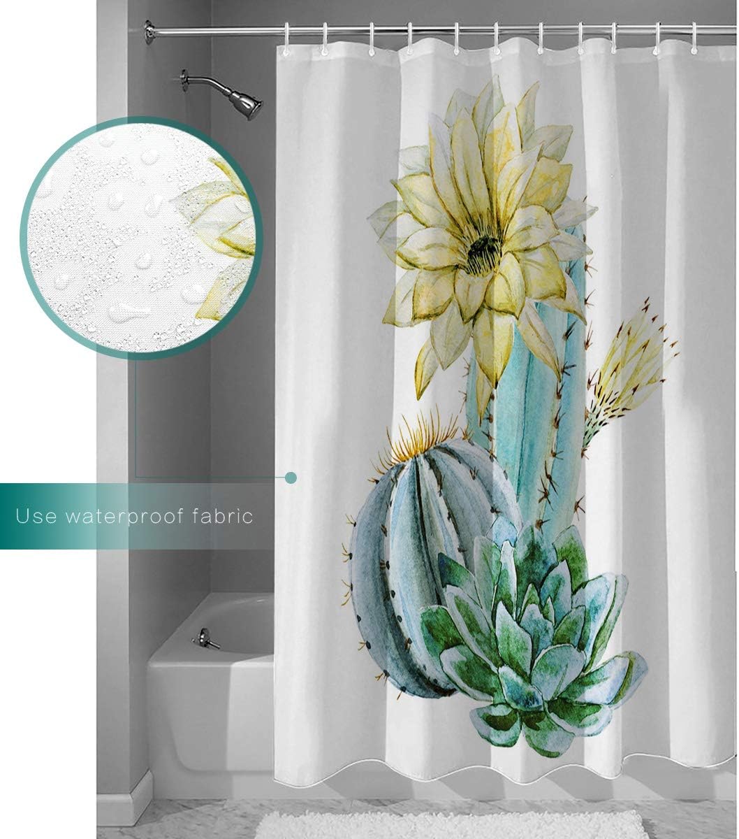 Cute Cactus Water Resistant Shower Curtain, Fun Bathroom Decor with Green and White Design