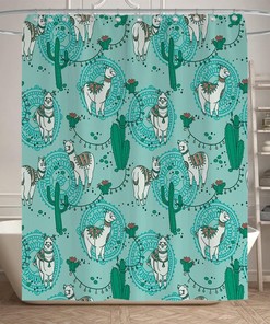 Cute Cartoon Alpacas Shower Curtain with Boho Succulent Cactus Flowers for Kids Bathroom Design