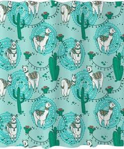Cute Cartoon Alpacas Shower Curtain with Boho Succulent Cactus Flowers for Kids Bathroom Design