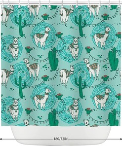 Cute Cartoon Alpacas Shower Curtain with Boho Succulent Cactus Flowers for Kids Bathroom Design