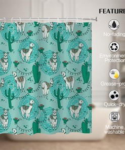 Cute Cartoon Alpacas Shower Curtain with Boho Succulent Cactus Flowers for Kids Bathroom Design