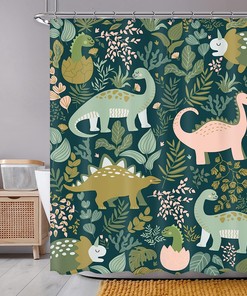 Cute Cartoon Animal Dino Shower Curtain with Green Leaves for Kids