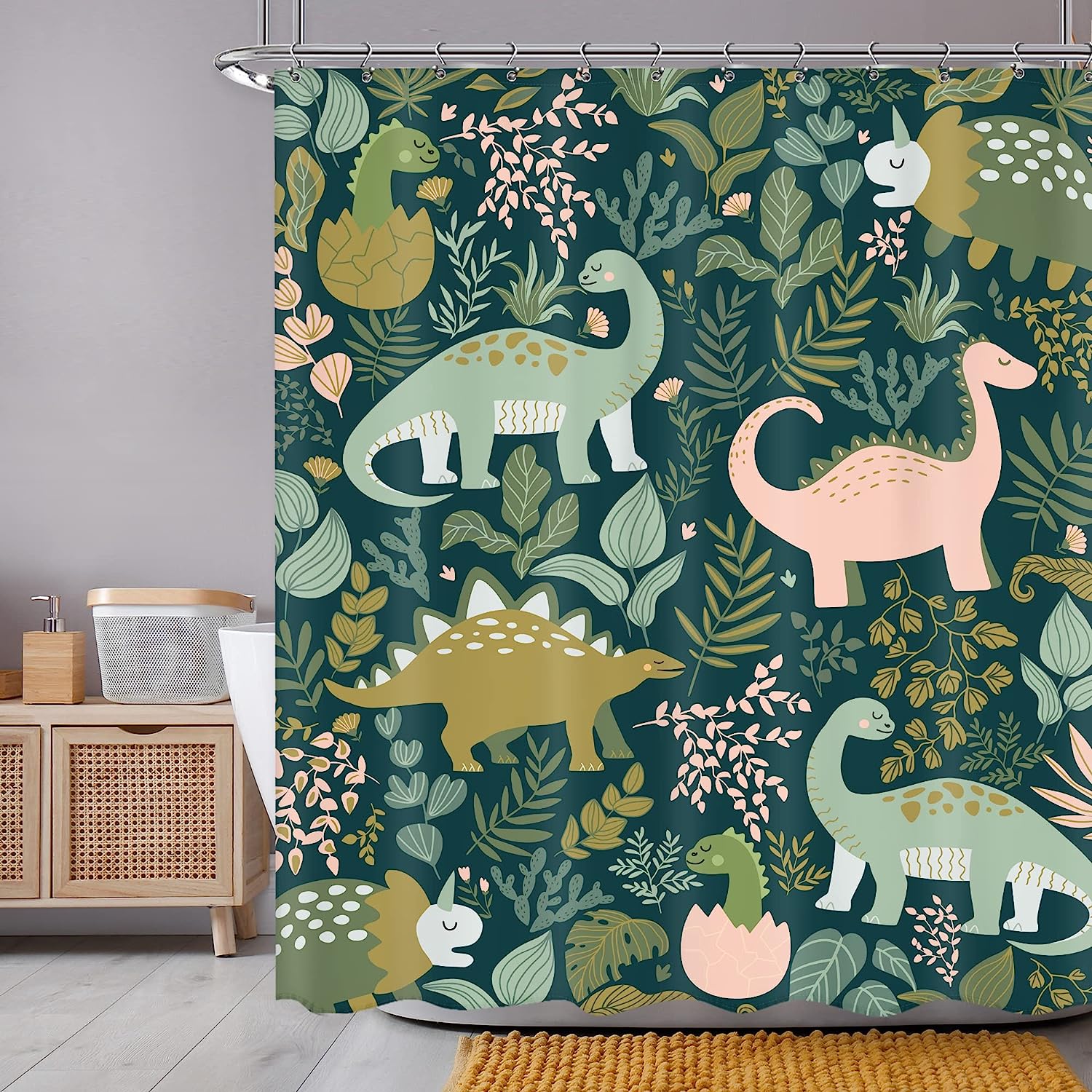Cute Cartoon Animal Dino Shower Curtain with Green Leaves for Kids
