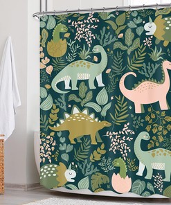 Cute Cartoon Animal Dino Shower Curtain with Green Leaves for Kids