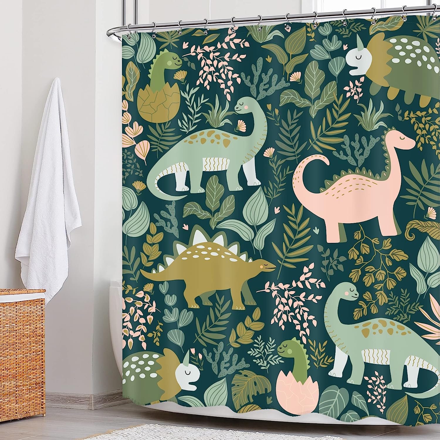 Cute Cartoon Animal Dino Shower Curtain with Green Leaves for Kids