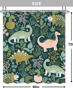 Cute Cartoon Animal Dino Shower Curtain with Green Leaves for Kids