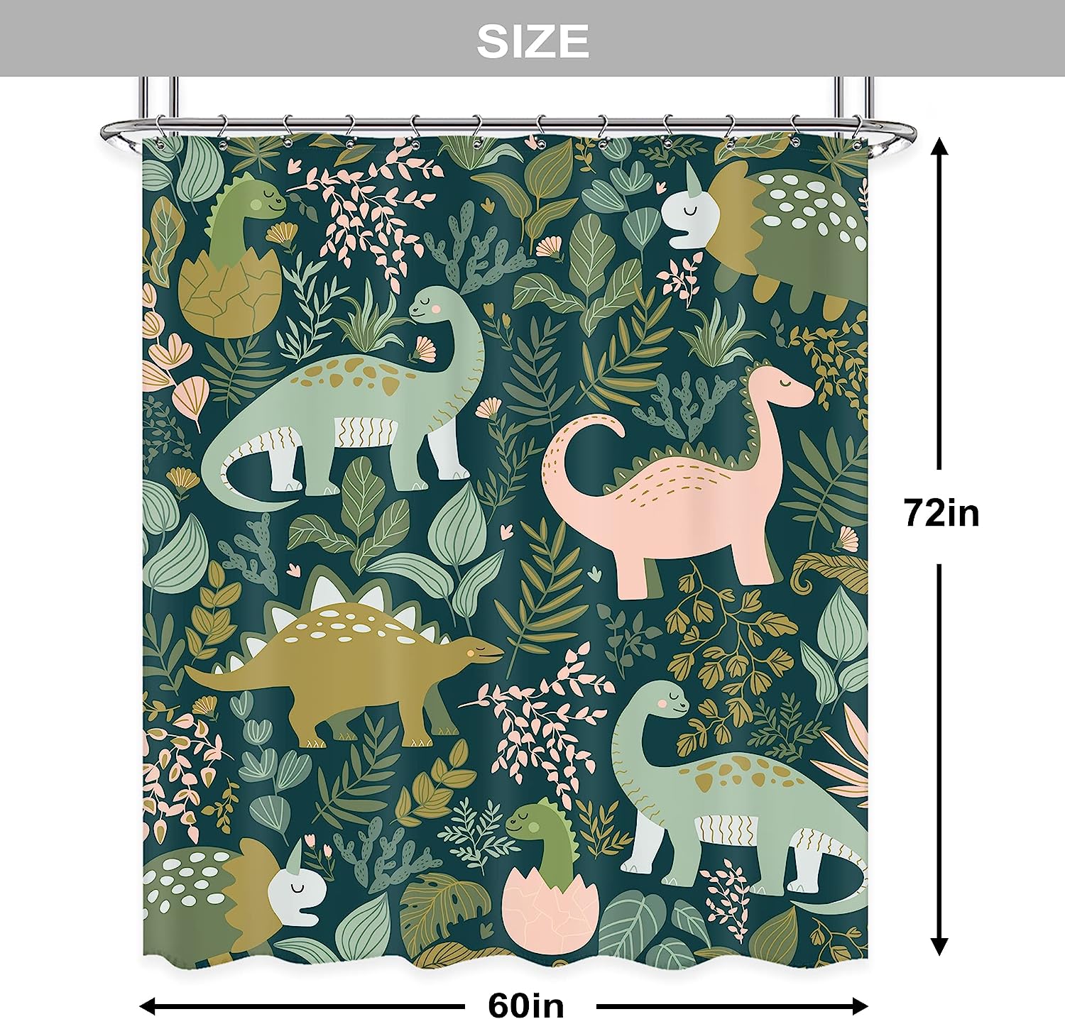 Cute Cartoon Animal Dino Shower Curtain with Green Leaves for Kids