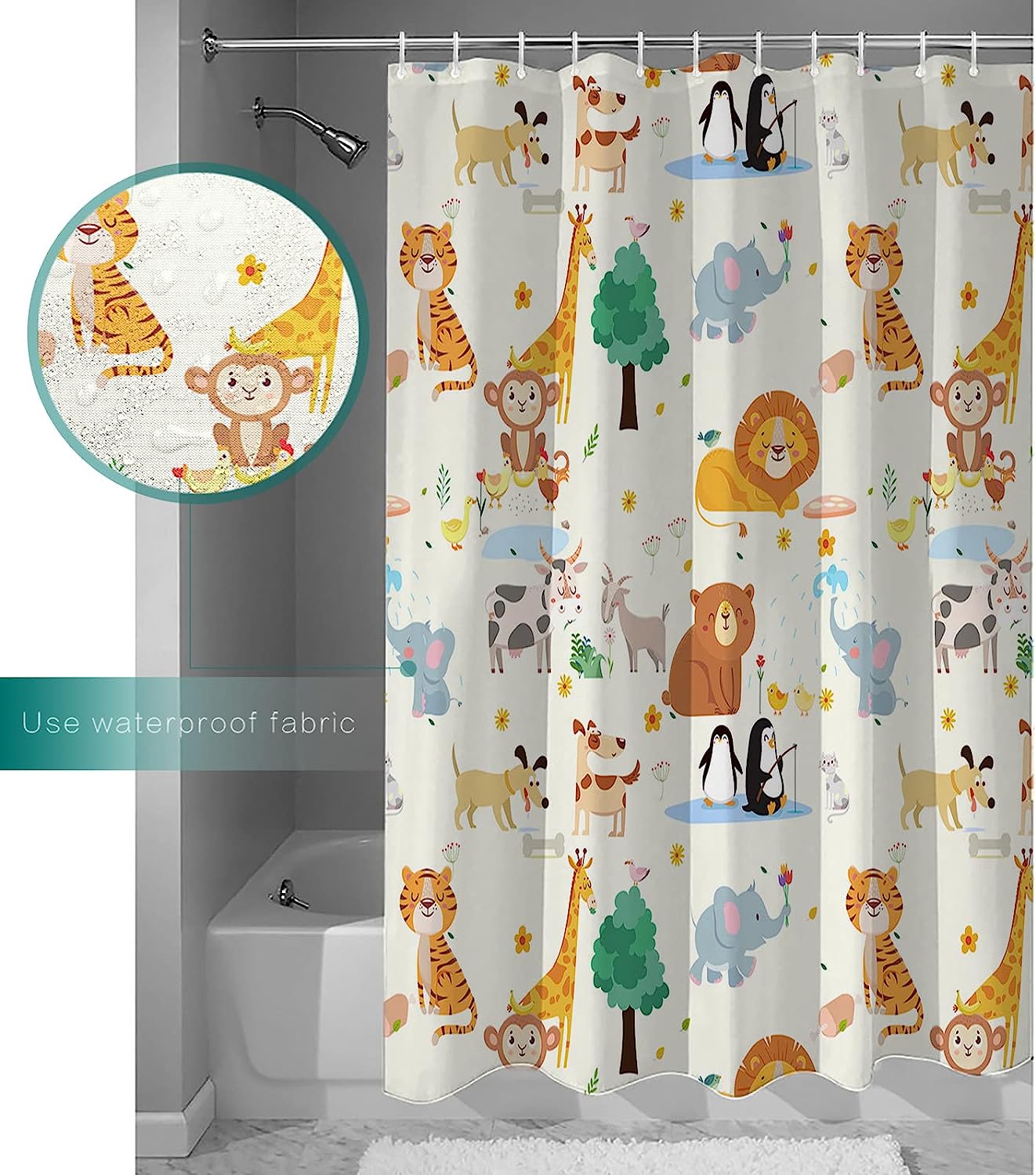 Cute Cartoon Animal Shower Curtain for Kids Bathroom