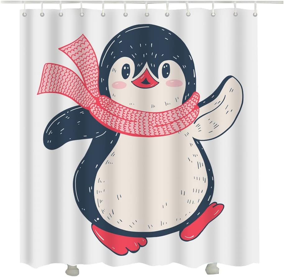 Cute Cartoon Baby Penguin Shower Curtain with Pink Scarf White Fabric Set for Bathroom Decor