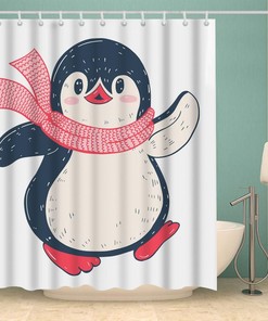 Cute Cartoon Baby Penguin Shower Curtain with Pink Scarf White Fabric Set for Bathroom Decor