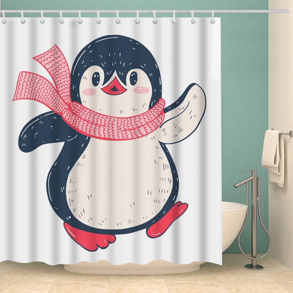 Cute Cartoon Baby Penguin Shower Curtain with Pink Scarf White Fabric Set for Bathroom Decor