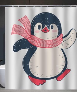 Cute Cartoon Baby Penguin Shower Curtain with Pink Scarf White Fabric Set for Bathroom Decor