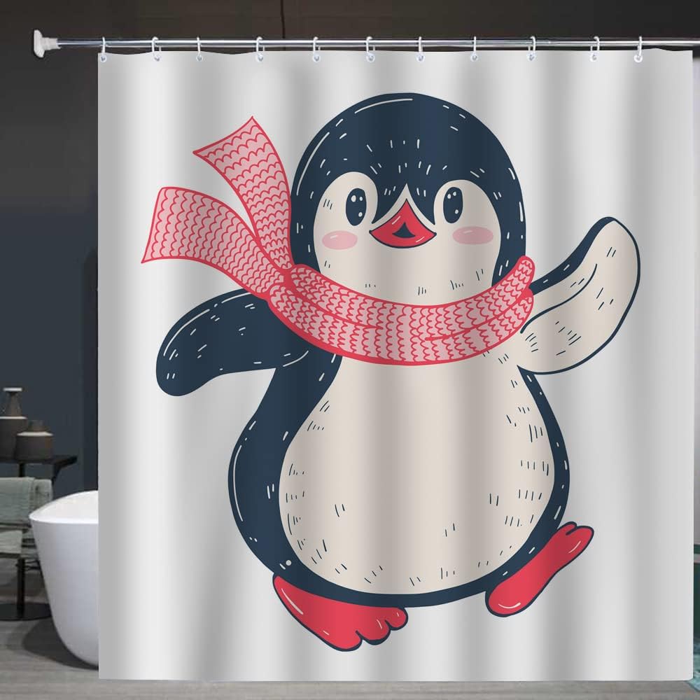Cute Cartoon Baby Penguin Shower Curtain with Pink Scarf White Fabric Set for Bathroom Decor