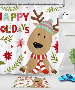 Cute Cartoon Deer Holly Berry For Happy Holiday Shower Curtain For Bathroom Decor