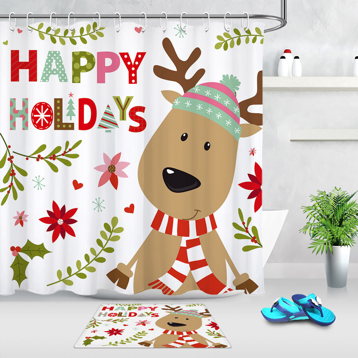 Cute Cartoon Deer Holly Berry For Happy Holiday Shower Curtain For Bathroom Decor