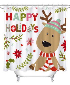 Cute Cartoon Deer Holly Berry For Happy Holiday Shower Curtain For Bathroom Decor