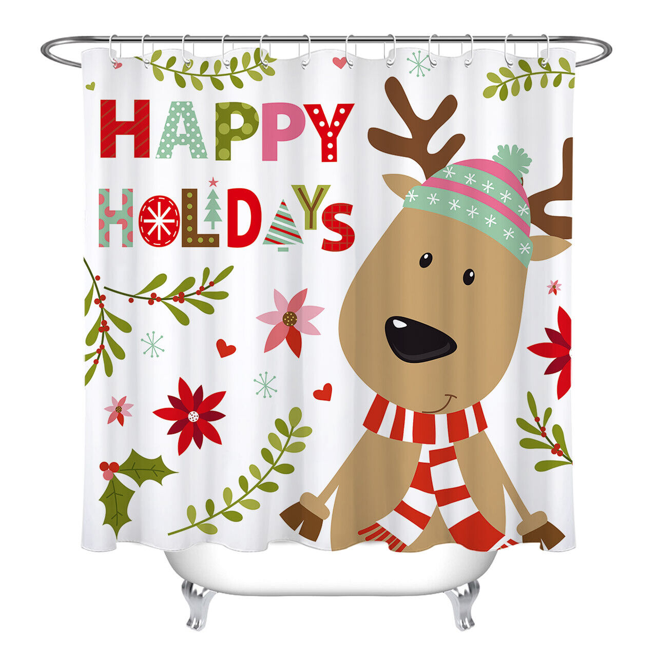 Cute Cartoon Deer Holly Berry For Happy Holiday Shower Curtain For Bathroom Decor