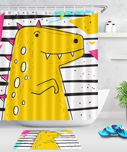Cute Cartoon Dinosaur Shower Curtain In Black And White Stripes, Ideal For Kids' Bathroom Decor