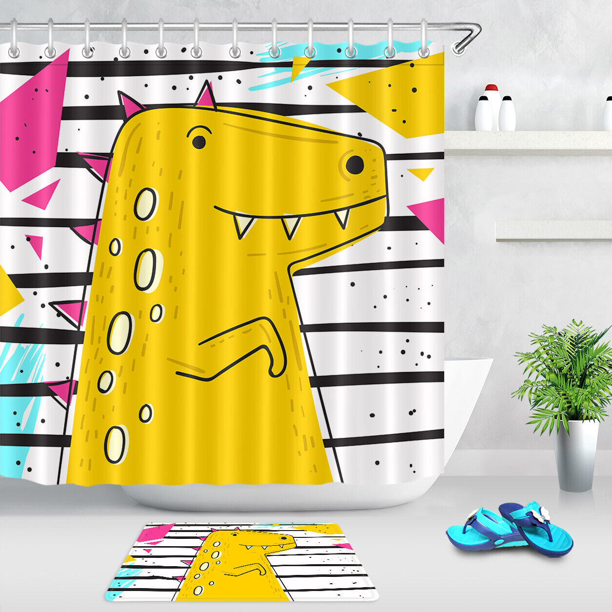 Cute Cartoon Dinosaur Shower Curtain In Black And White Stripes, Ideal For Kids' Bathroom Decor