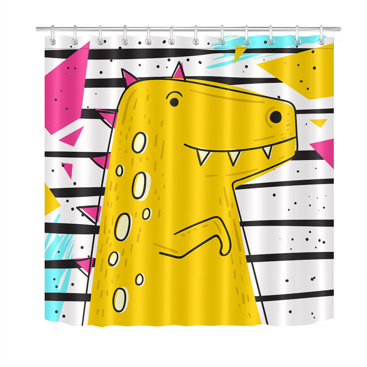 Cute Cartoon Dinosaur Shower Curtain In Black And White Stripes, Ideal For Kids' Bathroom Decor - Image 2