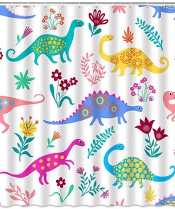 Cute Cartoon Dinosaur Shower Curtain With Floral Leaf Pattern For Kids, Teens And Pets