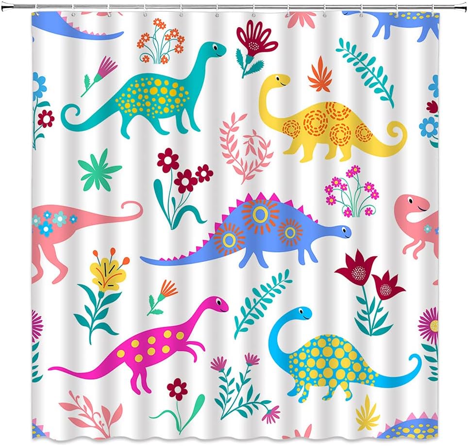 Cute Cartoon Dinosaur Shower Curtain With Floral Leaf Pattern For Kids, Teens And Pets