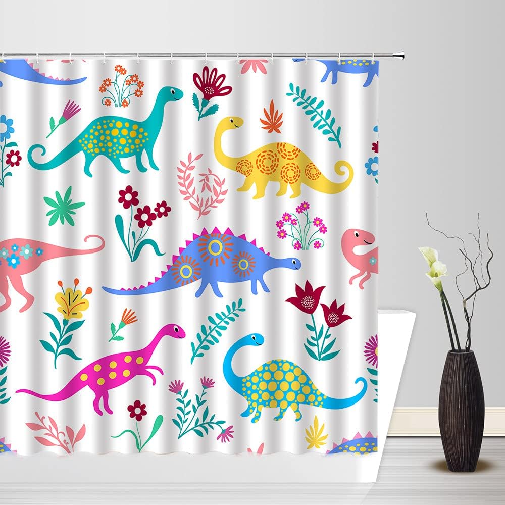 Cute Cartoon Dinosaur Shower Curtain With Floral Leaf Pattern For Kids, Teens And Pets - Image 2