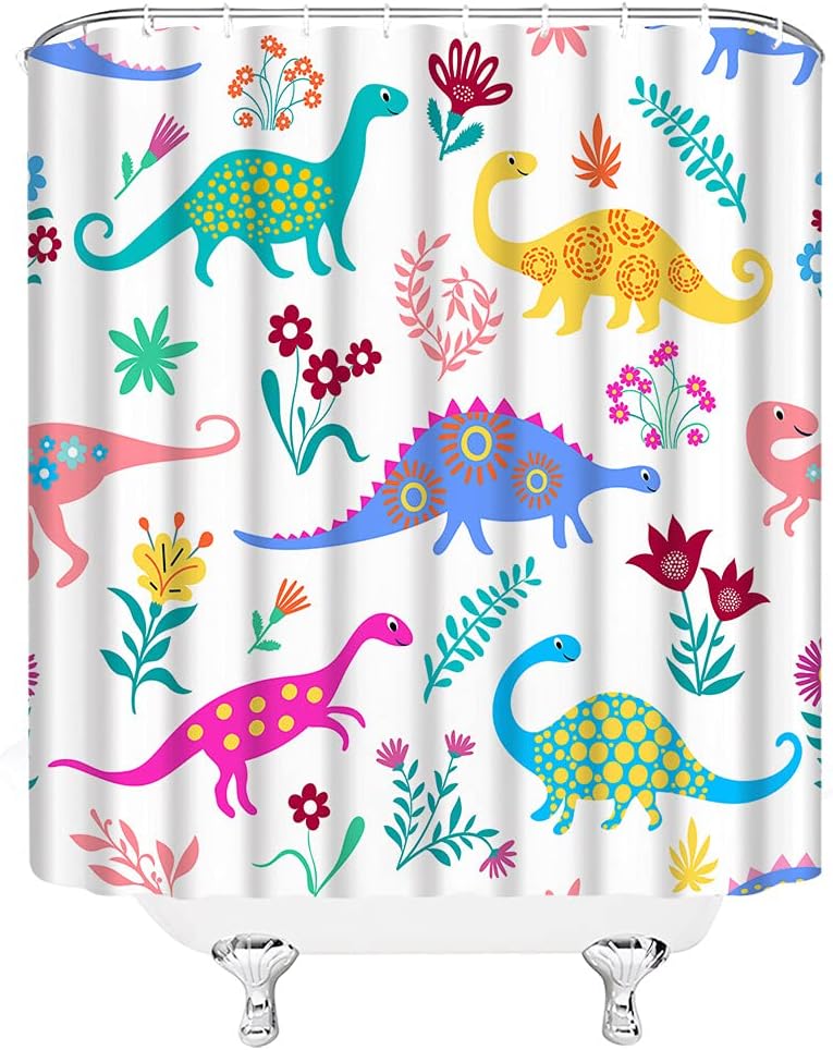 Cute Cartoon Dinosaur Shower Curtain With Floral Leaf Pattern For Kids, Teens And Pets - Image 3