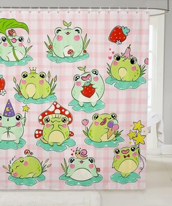 Cute Cartoon Frogs And Red Mushroom Strawberry Pattern Bath Curtain For Kids Bathroom