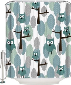 Cute Cartoon Green Leaves and Owls Shower Curtain for Kids Bathroom