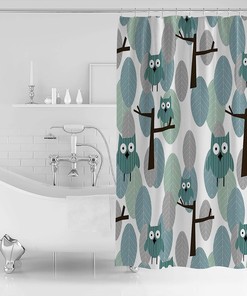 Cute Cartoon Green Leaves and Owls Shower Curtain for Kids Bathroom