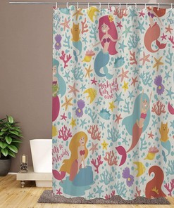 Cute Cartoon Mermaid Girls Shower Curtain, Decorative Bathroom Curtain with Ocean Theme and VISALUNA Keyword