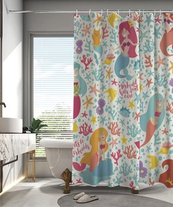 Cute Cartoon Mermaid Girls Shower Curtain, Decorative Bathroom Curtain with Ocean Theme and VISALUNA Keyword