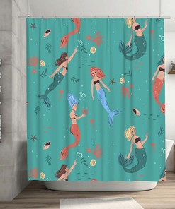 Cute Cartoon Mermaids And Marine Life Green Shower Curtain For Bathroom - Adds A Touch Of Fun To Your Bath Decorr