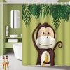 Cute Cartoon Monkey and Banana Shower Curtain with Green Leaves Design for Kids Bathroom Decor