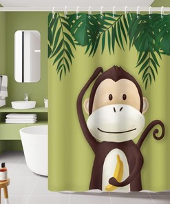 Cute Cartoon Monkey and Banana Shower Curtain with Green Leaves Design for Kids Bathroom Decor