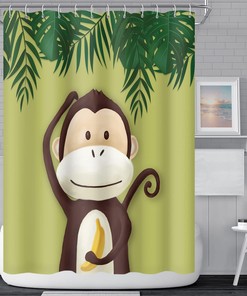 Cute Cartoon Monkey and Banana Shower Curtain with Green Leaves Design for Kids Bathroom Decor