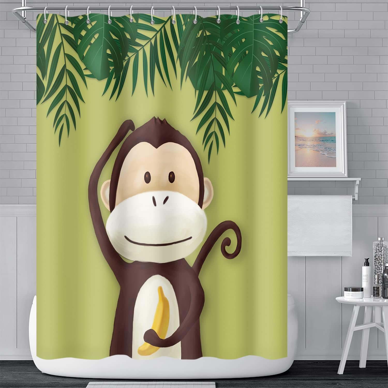 Cute Cartoon Monkey and Banana Shower Curtain with Green Leaves Design for Kids Bathroom Decor