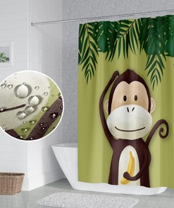 Cute Cartoon Monkey and Banana Shower Curtain with Green Leaves Design for Kids Bathroom Decor