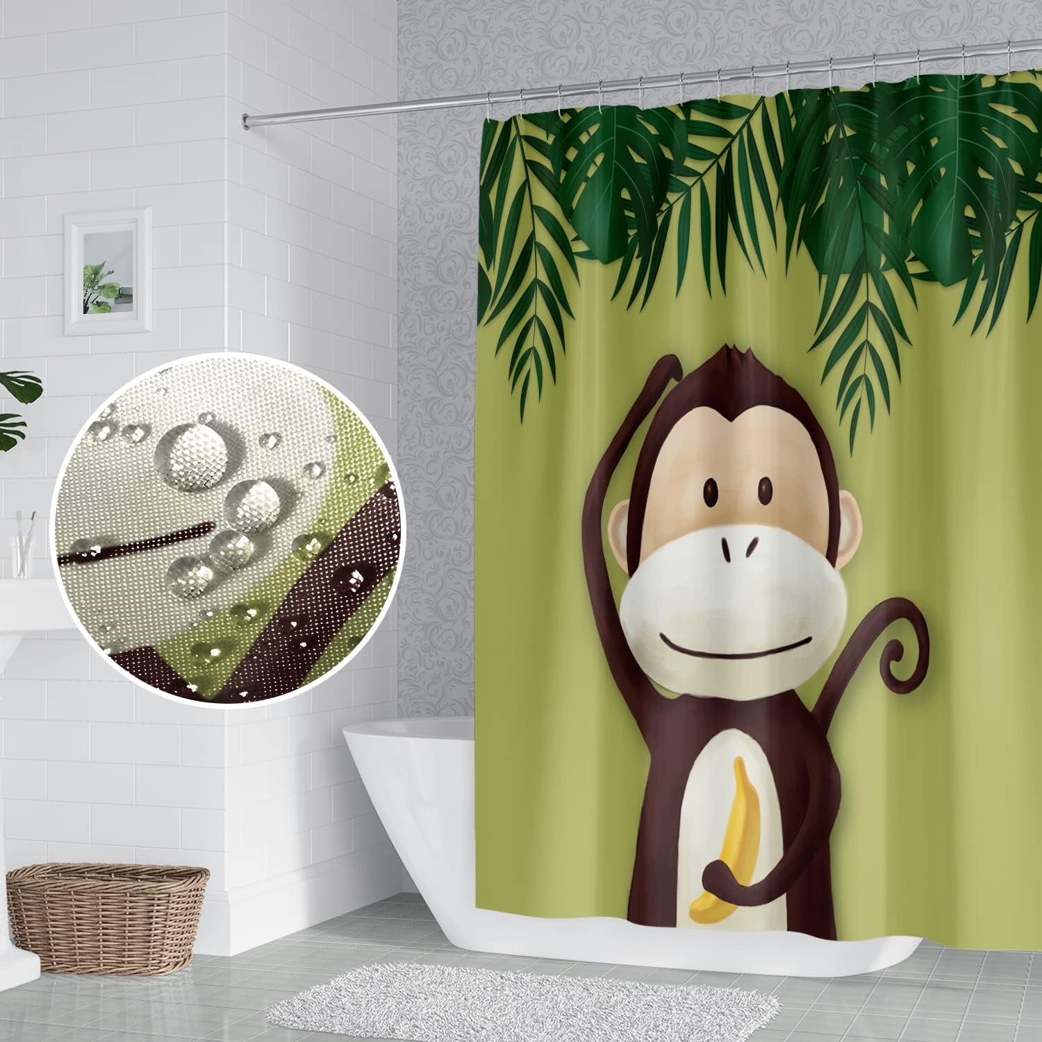 Cute Cartoon Monkey and Banana Shower Curtain with Green Leaves Design for Kids Bathroom Decor