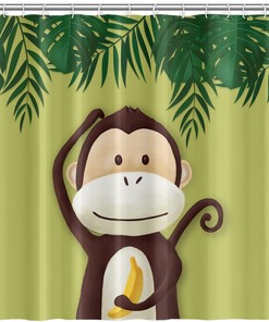 Cute Cartoon Monkey and Banana Shower Curtain with Green Leaves Design for Kids Bathroom Decor