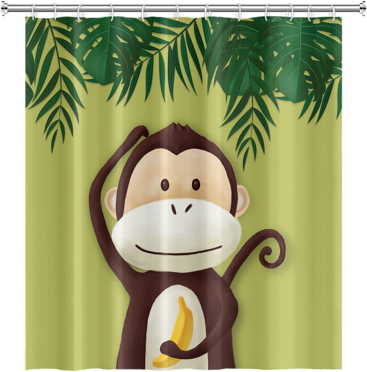 Cute Cartoon Monkey and Banana Shower Curtain with Green Leaves Design for Kids Bathroom Decor