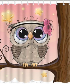 Cute Cartoon Owl Flowers On Tree Branch at Night Stars Light Restroom Shower Curtain