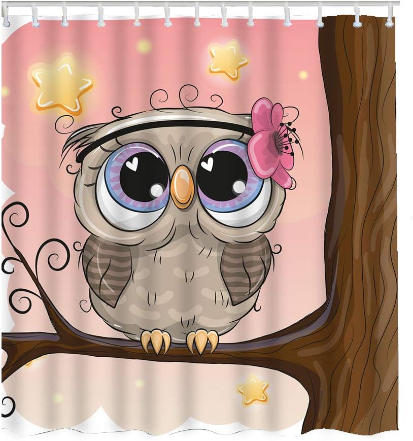 Cute Cartoon Owl Flowers On Tree Branch at Night Stars Light Restroom Shower Curtain