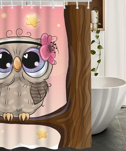 Cute Cartoon Owl Flowers On Tree Branch at Night Stars Light Restroom Shower Curtain