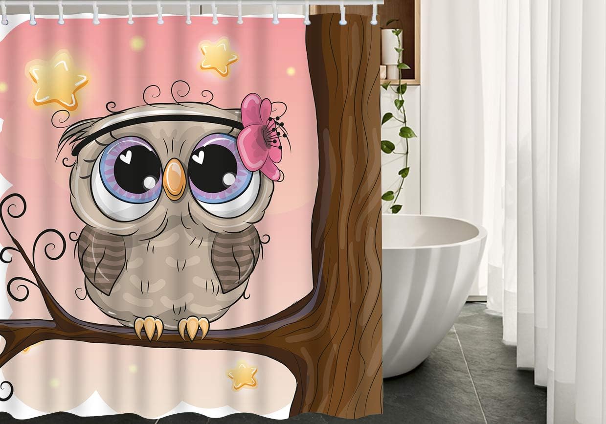 Cute Cartoon Owl Flowers On Tree Branch at Night Stars Light Restroom Shower Curtain